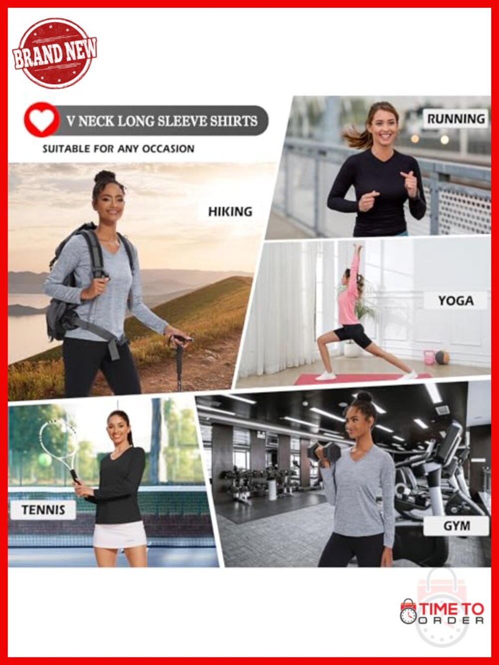 Long Sleeve V Neck Workout Shirts Moisture Wicking Quick Dry Athletic Running - Picture 4 of 5